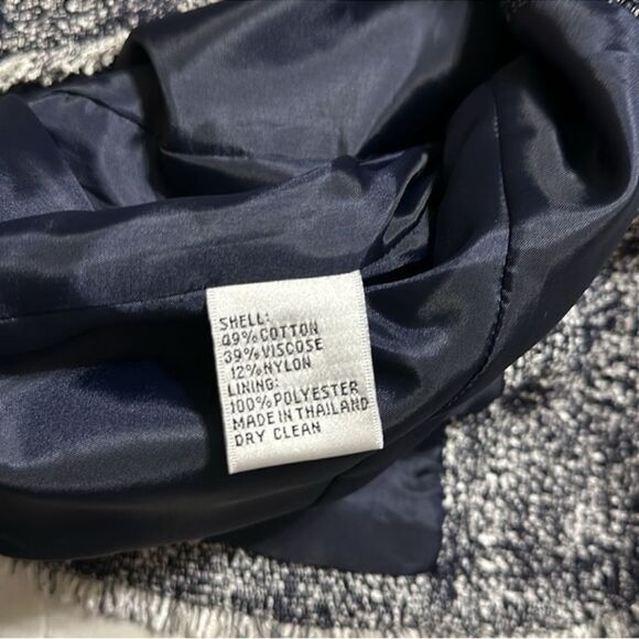 TALBOTS 10 Navy White Tweed One Button Blazer Jacket with Pockets Fringe Trim - Picture 12 of 14